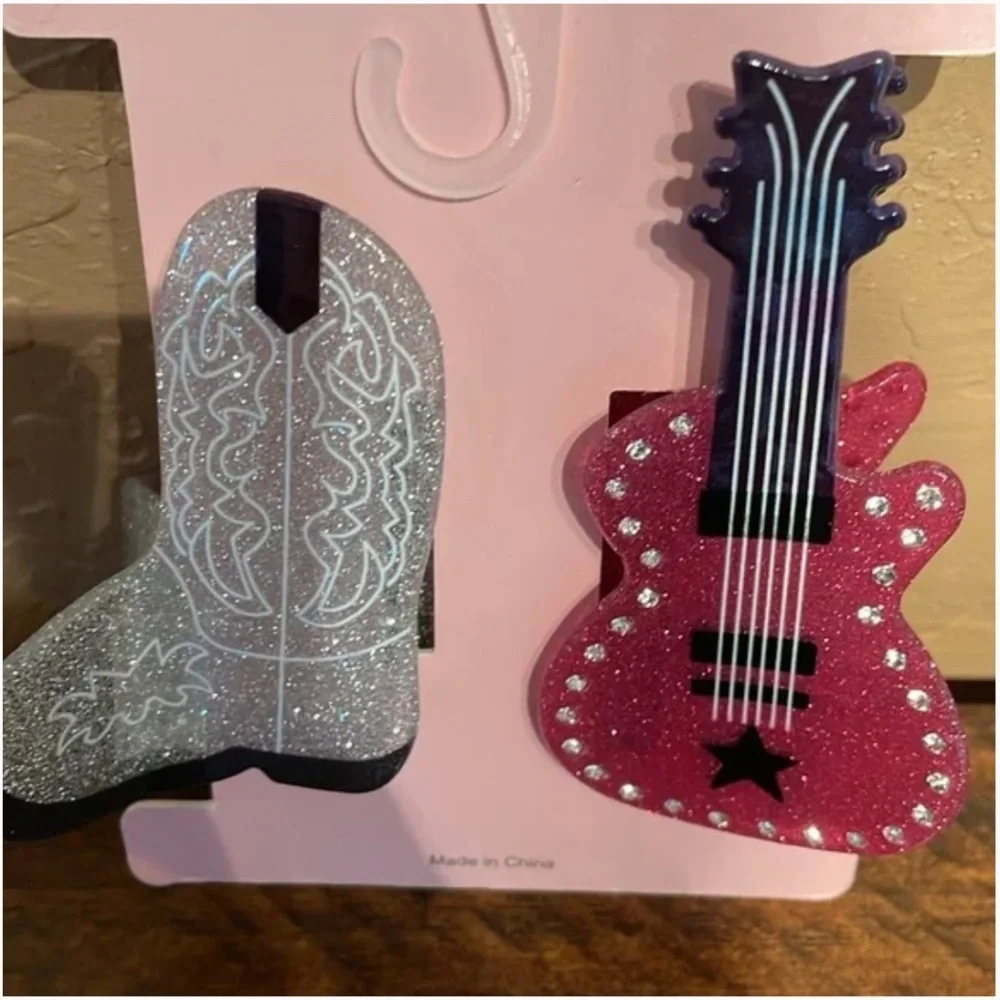 NWT Piper K Pink Guitar & Silver Bling Cowboy Boots Claw Hair Clips
